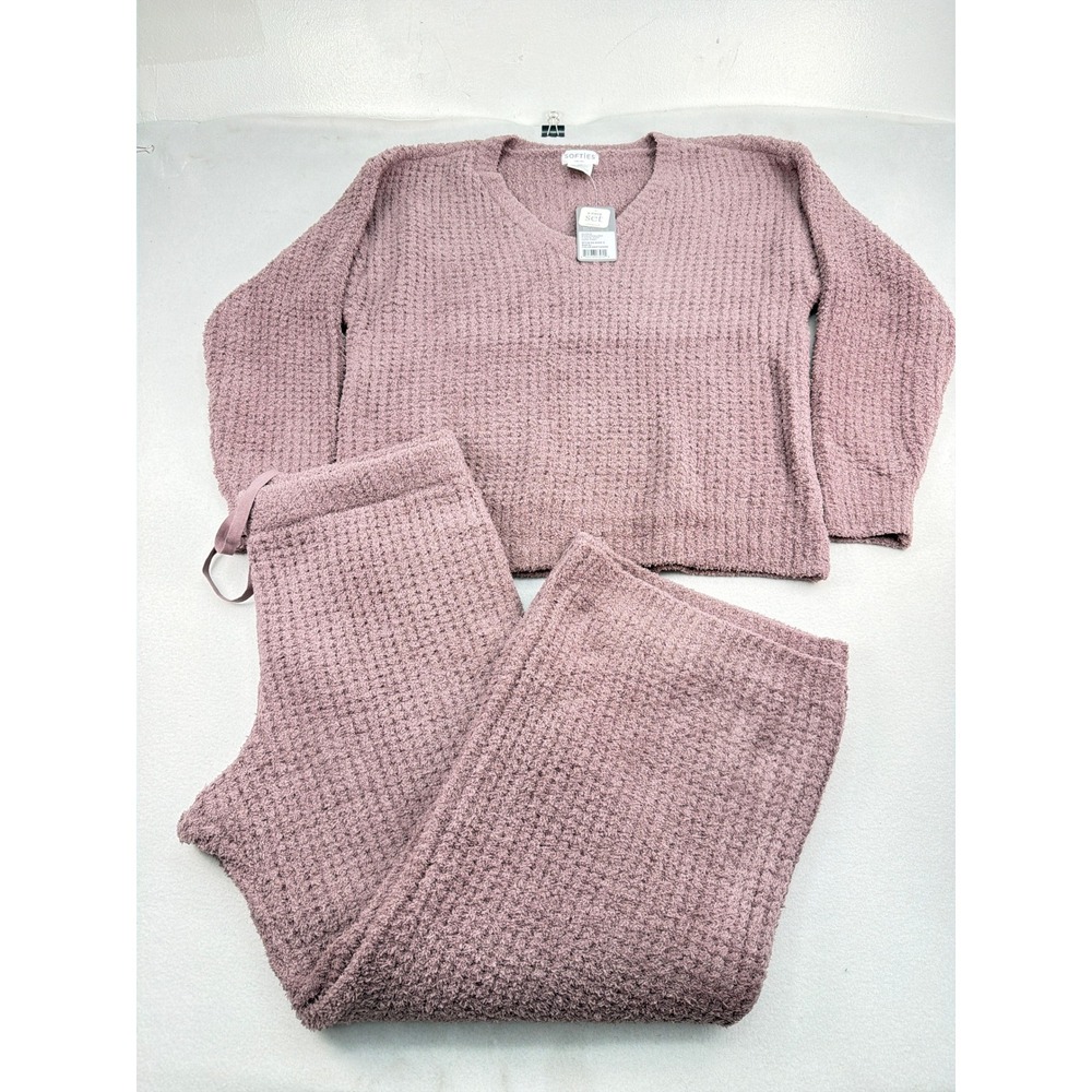 Softies Waffle Marshmallow V-Neck Long Pant 2-Piece Lounge Set Driftwood XL NEW